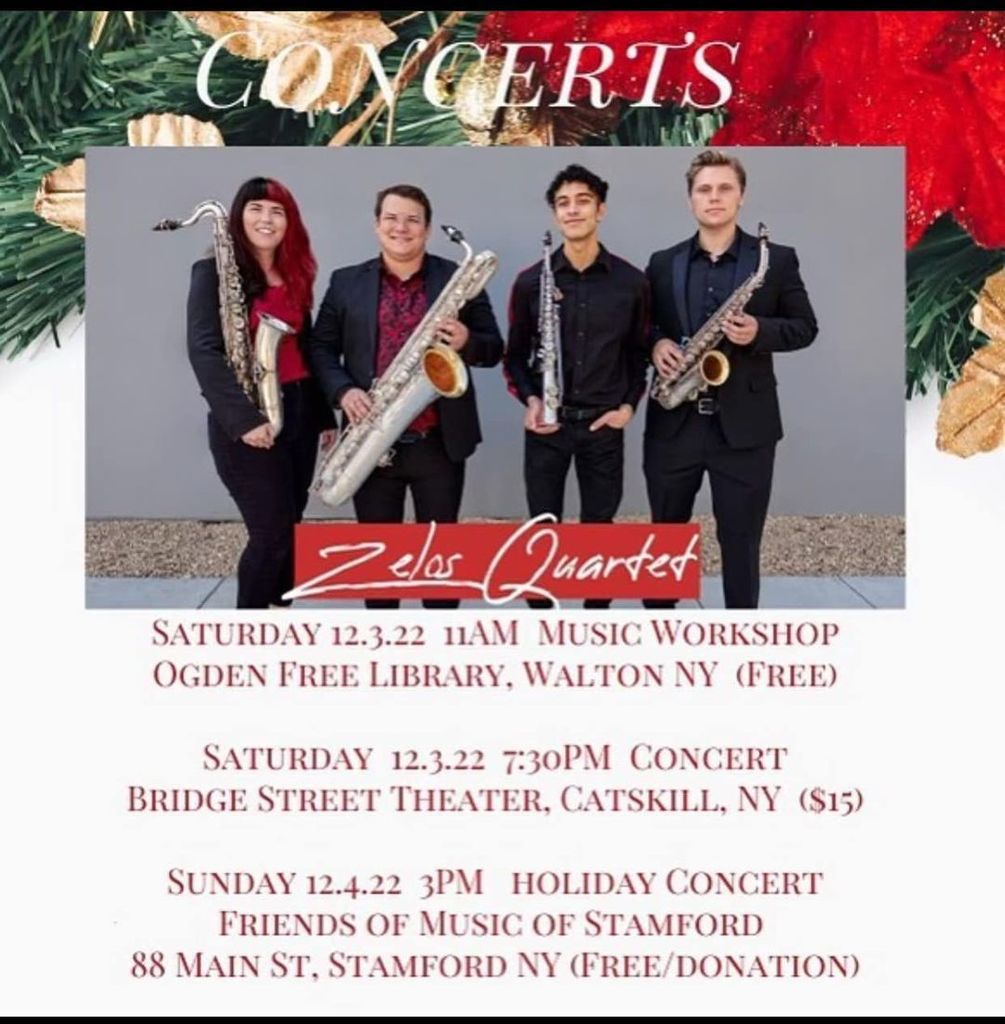 Saturday 12/3/22 at 11am.  Music Workshop Ogden Free Library, Walton NY (FREE) Saturday 12/3/22 7:30pm concert Bridge Street Theater, Catskill, NY ($15) and Sunday 12/4/22 3pm Holiday Concert Friends of Music of Stamford 88 Main St, Stamford Ny (Free/Donation)